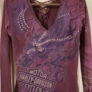 Harley Davidson embellished v-neck, purple. Tie up back
